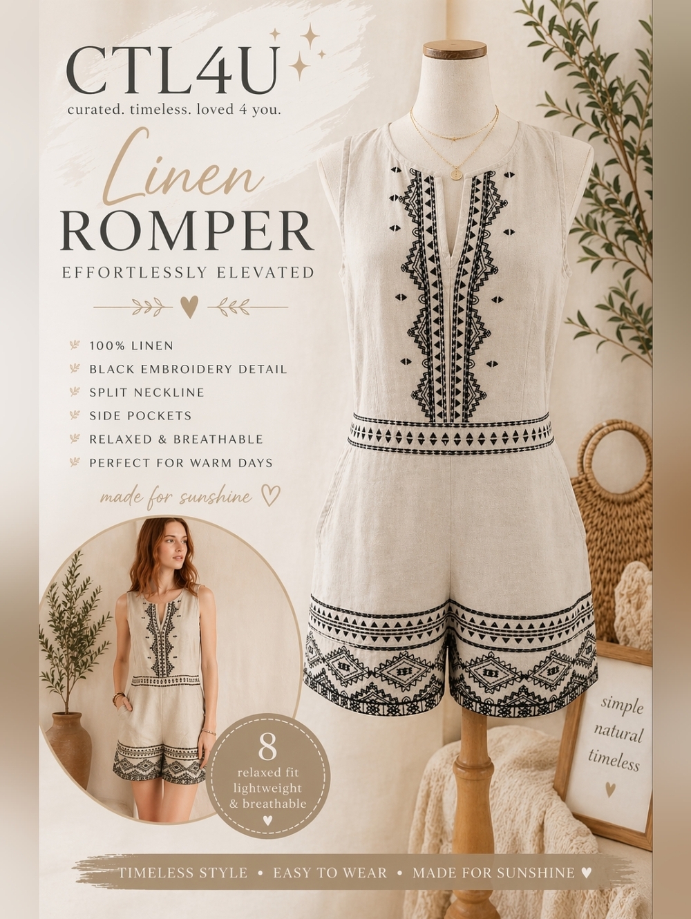 LOFT Linen Embroidered Romper Beige Black Boho Split Neck Sz 8